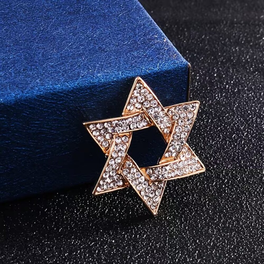 Mens Gold Star of David Brooch Rhinestone Encrusted
